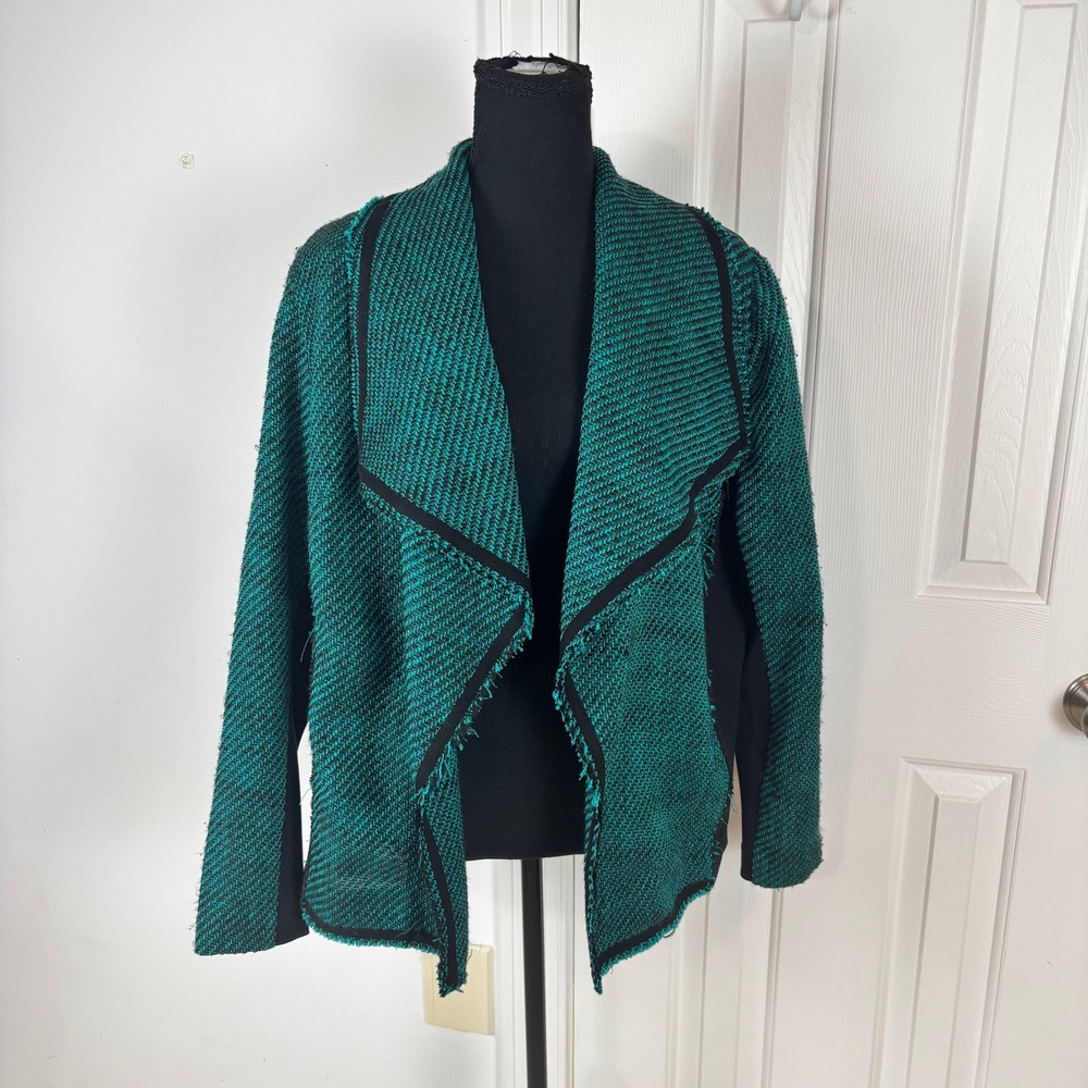 Lane Bryant Womens 14/16 Teal Black Tweed Mixed Media Open Front Cardigan Jacket